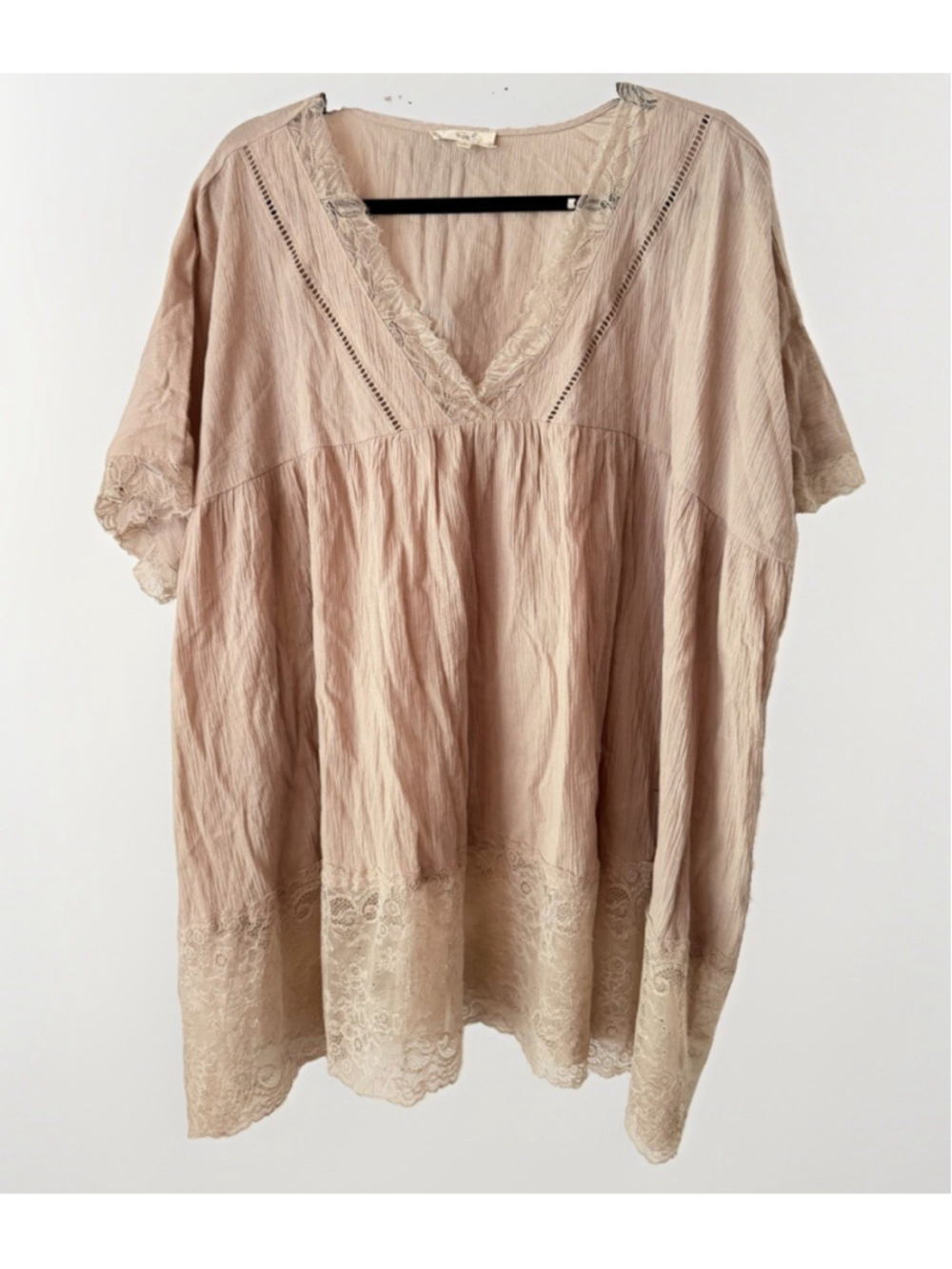 Easel Lace Trim Cotton Tunic Top Large Beige Boho Babydoll V-Neck Oversized